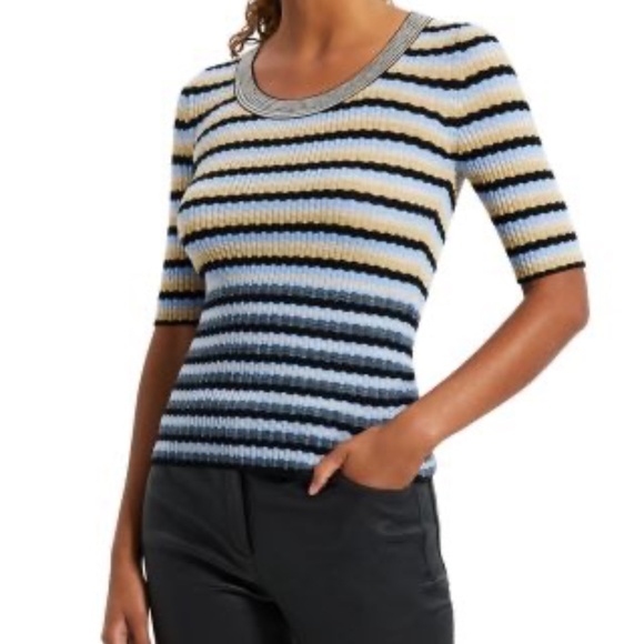 Theory Leenda striped Wool half sleeve sweater knit Top 20988 - Picture 1 of 9